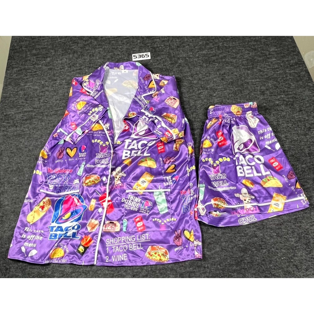 Taco Bell Pajama Set Womens XL Purple Short Sleeve All Over Print Button Front